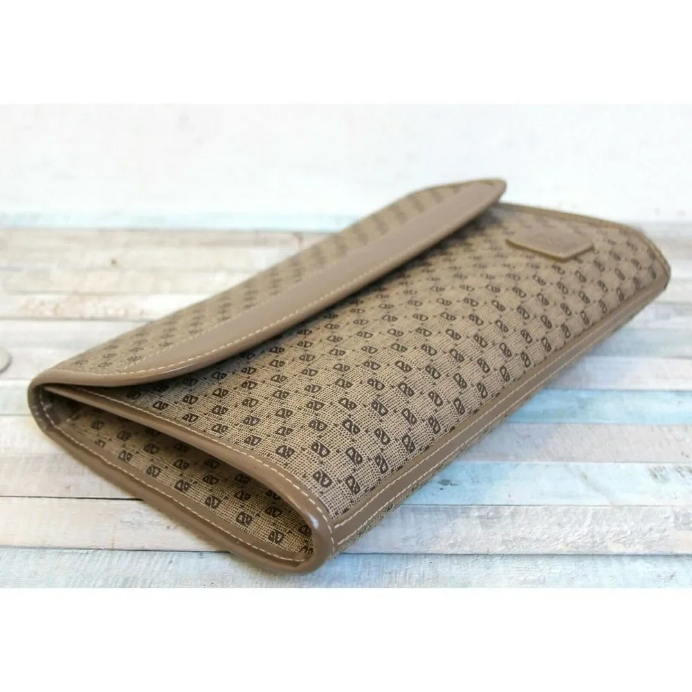 VINTAGE LUIS BEIGE BROWN LOGO PVC GENUINE LEATHER CLUTCH PURSE WALLET ENVELOPE